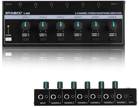 Headphone Amplifier 6 Channel, Stereo Headphone Amp with 3.5mm&6.35mm Input and Output, Metal Portable Studio Headphone Amp Splitter, Headphone Mixer with Mono and Stereo for Recording Studios