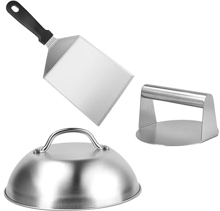 Relaxdays Set Smash Burger, 3 pièces, Presse à Hamburger avec Cloche de fondu et spatule, INOX, argenté