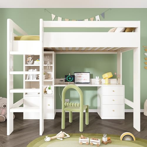Merax High Sleeper Kids Bunk Bed Frame Children's Loft Bed with Desk with Drawers&Power Oultet, 4-Tier Bookcase, 3-step ladder, for Children Teenagers, White(90x190cm)
