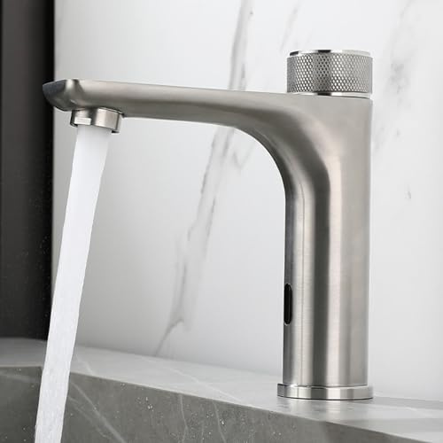 POLGDW Sensor Infrared Basin Tap Single Handle Bathroom Automatic Touchless Sensor Faucet Hot and Cold Water Basin Mixer Tap Stainless Steel,Brushed