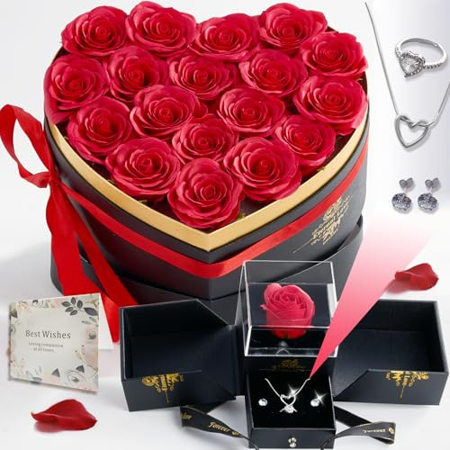 DWLGHT Mothers Day Artificial Forever Flowers Box & Preserved Roses with Necklace Ring Earrings,Gifts for Mom Grandma Women Girlfriend Wife on Birthday Valentines Christmas Anniversary,Wedding