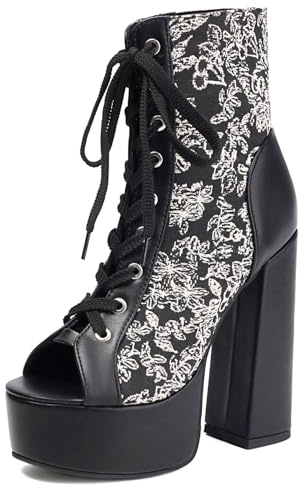 Sandalias Mujer Plataforma Tacón Alto Grueso Peep Toe con Cordones Suela Gruesa Botines Tobillo Suela Goma Zapatos Verano Fiesta Club,Negro,39 EU