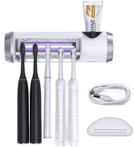 Toothbrush Holder Cleaner with Fan Drying Function, 5 Slots, 6-Minute Timer