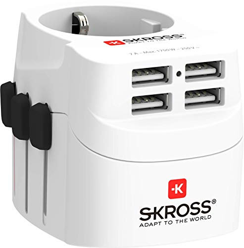 SKROSS | Universal-Reisestecker mit 4 x USB Anschlüssen, 1.302461, Weiß