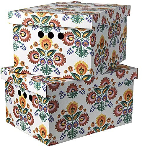 SOFTILLO Cardboard Storage Boxes with Lid Decorative Wardrobe, Closet, Home & Office Organiser with Handle Flat-Packed, Stackable File Box Gift for Adults & Kids Set of 2 XLarge Floral Design