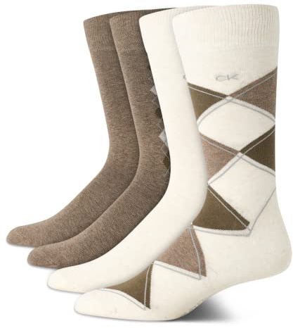 Calvin Klein Mens Dress Socks - 4 Pack Breathable Cotton Blend Patterned Crew Socks for Work, Business, and Formal Wear, Size 7-12, Tan Argyle