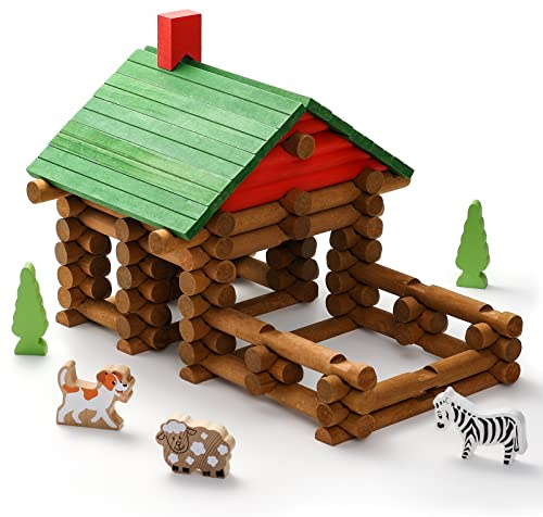 SainSmart Jr. 110 PCS Wooden Log Cabin Set Building House Toy for Toddlers, Classic STEM Construction Kit with Colorful Wood Logs Blocks for 3+ Years Old