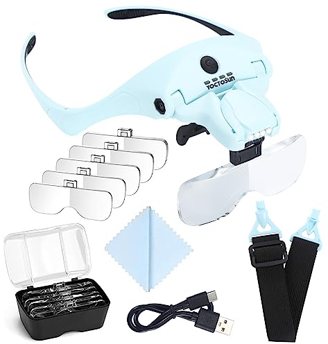 YOCTOSUN Magnifying Glasses with Light for Close Work, Head Magnifier with 4 LED Lights and 5 Detachable Lenses 1X to 3.5X,Rechargeable Hands Free Headband Magnifier Glasses for Crafts, Hobby