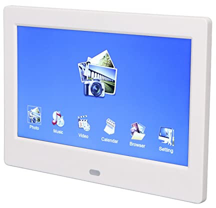 Cornice Digitale da 7 Pollici, Album Fotografico Elettronico 800 * 480 720P con Telecomando, Cornice Digitale Multifunzione, Interruttore Calendario/orologio/timer, bianco.