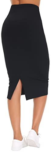 THE GYM PEOPLE Jupe Crayon Femme Taille Haute Extensible avec Contrôle du Ventre - Modèle Moulant Midi sous Le Genou à Fente Dos, Noir, S