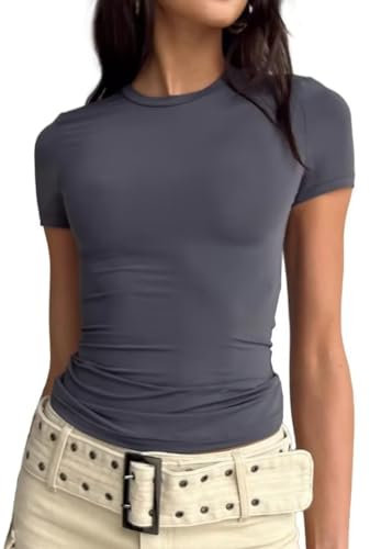 LACOZY Women Skinny Dupes Basic Solid Crop Tops Short Sleeve Round Neck Shirt Workout Slim Fit T-Shirt Y2K Deep Grey M