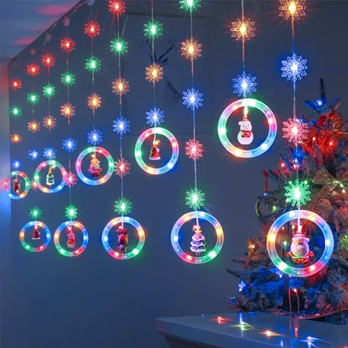 BLOOMWIN Christmas Window Decorations - 3M 120 LEDs Curtain Lights with Snowflake LED String Light, Hanging Fairy Lights for Bedroom Wall Party Garden Indoor Outdoor, RGB USB