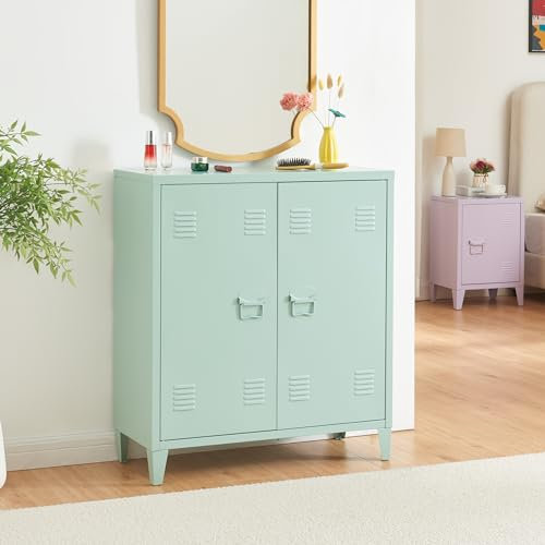 [en.casa] Metallschrank Oripää Wohnzimmerschrank 90 x 80 x 33 cm Aktenschrank Werkstattschrank mit 2 Türen und Einer höhenverstellbaren Ablage Pastellgrün