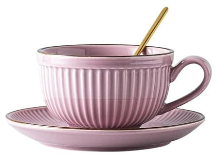 FülleMore Retro Keramik Teetasse Espressotassen mit Unterteller 280ml Kaffeetasse Cappuccino Tassen mit Löffel Teetasse Porzellanbecher Geschenktasse Set (ZI)