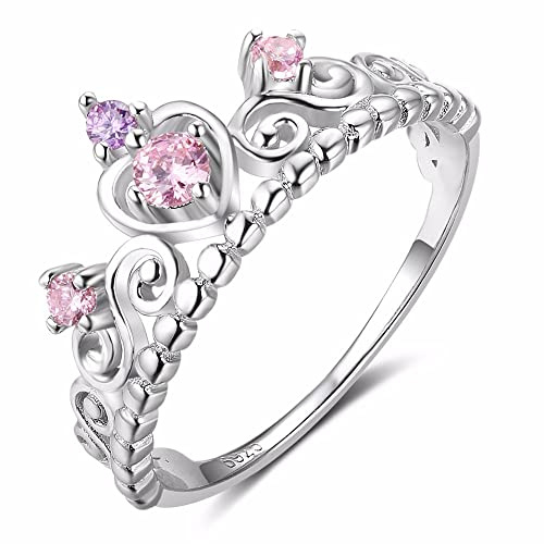 Bellitia Jewelry 925 Sterling Silver Heart Shaped Princess Crown Ring with Pink Cubic Zirconia for Women, Wedding Engagement Promise Rings Set for Her, Size 7