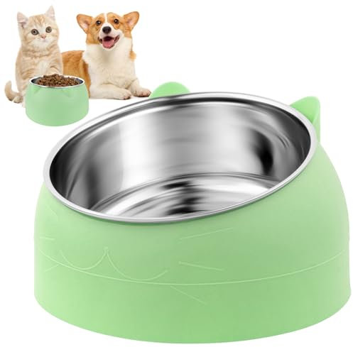 WUGU Katzennapf Edelstahl, 15° Geneigter Erhöhter Katzen Futternapf, 400ML Fressnapf Für Katze Hunde, Abnehmbarer Katzennäpfe zum Schutz der Halswirbelsäule, Wasser Nassfutter Trockenfutter(Grün)