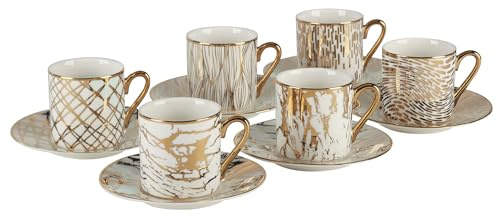 Matrix Gold Porcelain Espresso Cup & Saucer Set – 6 Assorted Modern Designs with Gold Plated Accents – Elegant Espresso Cups for Entertaining, Gift-Giving & Home Décor