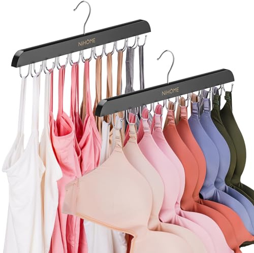 NiHome 2 Pack Double-Row Rotating Hooks Bra Hanger with 20 Stainless Steel Hooks, Space-Saving Organizer for Lingerie, Scarves, Ties, Optimizes Closet Order Fits Standard Closet (Black, 2PCS)