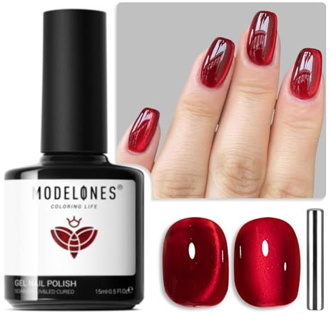 Modelones UV-nagellack Cat Eye 15 ML, Röd med Magnet, Röd Cat Eye UV Gel, Glitter Silver Off Reflekterande Genomskinlig Gel Magnetisk Nagellack för Kvinnor och Flickor