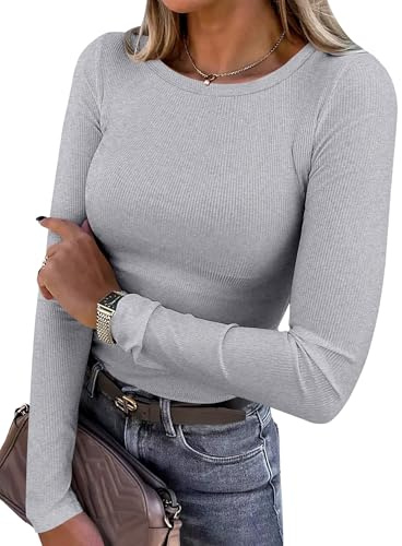 ANRABESS Women Long Sleeve Shirts Rib Knit Slim Fit Tops Basic Tee 2025 Fall Outfits Casual T-Shirt Underscrubs Layer Clothes Grey Small