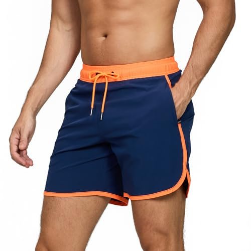 TMEOG Herr Badbyxor Badshorts Pool Surfing Boxershorts Hav Stranddräkt Badkläder Vintage Badshorts med Fickor och Dragsko, Mörkblå orange, M