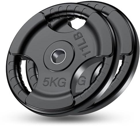 FK Sports Standard Weight Plates - Cast Iron Weight Plates with Rubber finish, 1 inch opening, 2.5kg, 5kg, 10kg, 15kg, 20kg, 25kg Tri Grip Barbell Weights, Gym Equipment, Sold in Pair (2 X 5KG)