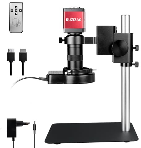 RUZIZAO Microscope Numérique HDMI 1080P VGA Caméra Microscope avec Objectif Zoom 130X, Annulaire Lumière LED et Base Métallique pour Observation des Pièces de Monnaie/Soudure/Réparation Électronique
