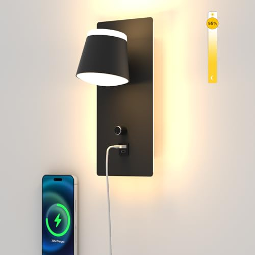 Sytmhoe Applique Per Parete Dimmerabile Con Porta Di Ricarica USB Type-C Soggiorno Camera Da Letto Moderna, 16W 1280LM 3000K Alluminio Luce a Muro Interno Led, Lampade Da Lettura a Parete Ruotabile