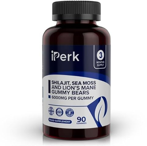 iPerk Shilajit, Sea Moss & Lion’s Mane Gummy Bears | 3,000mg Shilajit | 6,000mg Total Per Gummy | 90ct | 3-Month Supply | Made in The UK | Halal | Natural Wellness Support