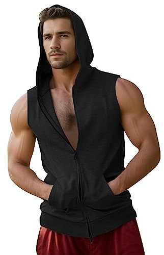 WAZHAKU Tank Top Men's Gym Sleeveless Hoody Hooded Jacket Summer Sweat Jacket with Hood Zip Hoodie Men Gym Outdoor Sports Fitness Hoodie Muscle Shirt Leisure Tank Tops Muscle Shirts