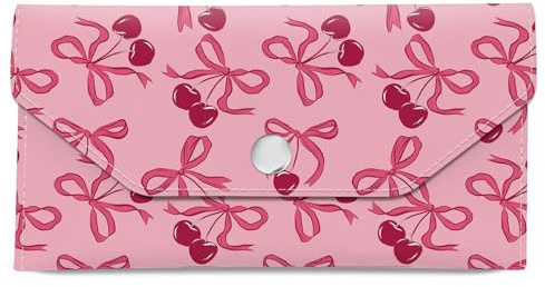 AWRIUK Cash Envelope Wallet Cute PU Leather Envelopes Bag for Men and Women, Reusable Budget Pouch for Budgeting Billing Pink Ribbon Bows