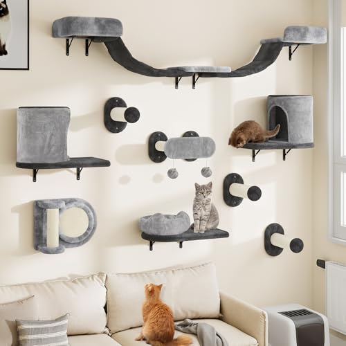 YITAHOME Juego de 11 paredes de escalada estables para gatos de franela, muebles para gatos con casa para gatos, tabla rascadora, puente colgante para gatos, cama para gatos, columna de sisal para