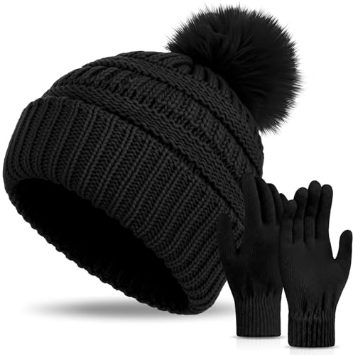 Silicherry Women's Knitted Beanie Hat Gloves Set Winter Pom Pom Cable Knit Hat with Warm Stretchy Gloves for Women(Black)