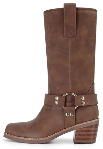 MAIJED Women's Square Toe Pull On Mid Calf Biker Riding Boots Chunky Block Heel Cowboy Western Motorcycle Booties With Buckle Studs Brown Size US7