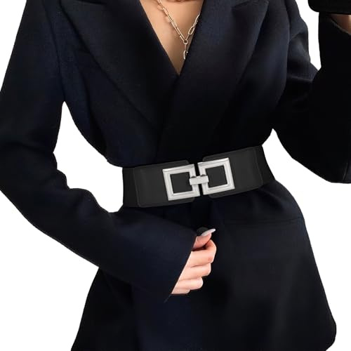 JASGOOD Ceinture Large Femme Élastique pour Robes Ceinture Femme Grande Taille Extensible Vintage avec Boucle Dorée,Noir(boucle argenté),Taille 92-103 cm(Longueur 90 cm)