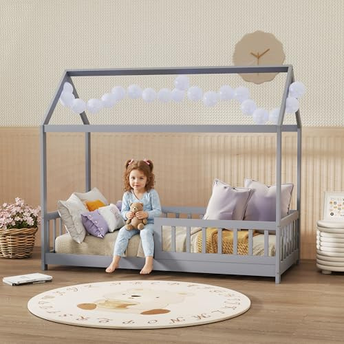 HOMCOM Toddler Bed Single Bed Frame House-Shaped for Boys and Girls Grey
