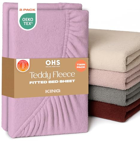 Brentfords 2 Pack King Size Fitted Sheet, Teddy Fleece Fitted Sheet Bed Cover Deep Pocket 25cm Fluffy Bedding Fade Resistant Cuddly Cosy Teddy Bear Bedding, Lilac - King