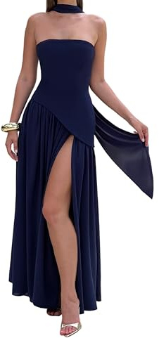 BDSCZW Abito da donna corsetto asimmetrico alto aperto abito lungo matrimonio ospite cocktail party abito con sciarpa, Blu scuro, M
