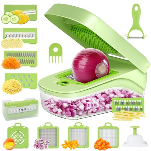 Romon Taglia Verdure, Affetta Verdure, Tagliaverdure, 14 in 1 Affettaverdure e Tagliaverdure Multifunzionale, Trita Verdure Manuale per Cubetti, Bastoncini, Fette, Strisce e Quarti