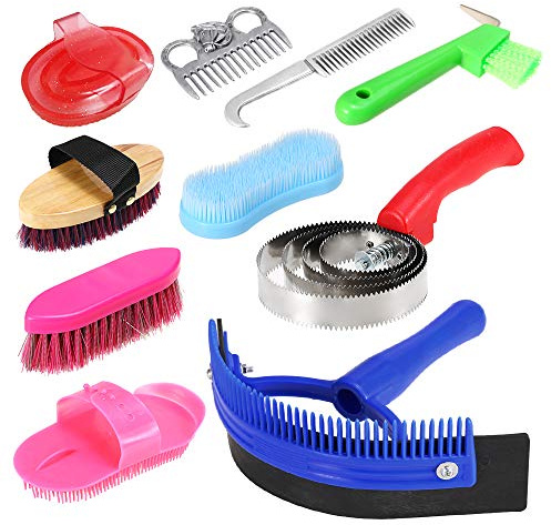 Ensemble d'outils de toilettage pour chevaux 10 en 1 comprenant une brosse de massage, un grattoir à sueur, une crinière, un peigne à queue, un kit complet pour le corps