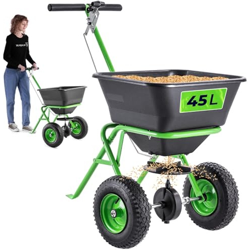 KADAX Carro esparcidor de 45 L con ruedas, esparcidor de abono para semillas de césped, fertilizante para césped, cal y sal de carretera, salero, esparcidor de semillas para el cuidado del césped y el