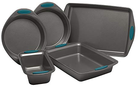Rachael Ray 47021 Nonstick Bakeware Set with Grips includes Nonstick Baking Pans, Baking Sheet and Nonstick Bread Pan - 5 Piece, Gray with Marine Blue Handles