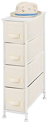 mDesign Kommode mit 4 Schubladen – schmaler Schubladenschrank mit MDF-Holzplatte für Schlafzimmer, Wohnzimmer oder Flur – Kleiderkommode aus Metall und Stoff – cremefarben und weiß