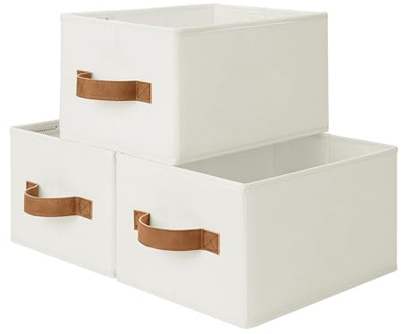 StorageWorks Closet Organizer Storage Baskets, Storage Bins for Shelves, Fabric Organization and Storage, Foldable Closet Organizer for Clothes, Ivory White, 3-Pack, Small