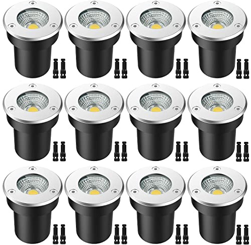 LEDVIE LED Landscape Lights, 12 Pack 7W Ground Lights With 24 Connectors, Low Voltage In-Ground Well Pathway Lighting, Warm White, Waterproof for Driveway, Deck, Step, Garden