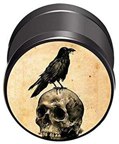 BlackAmazement 316L Edelstahl Fake Plug Piercing Ohrstecker Rabe mit Totenkopf 10mm schwarzbraun Biker Gothic Herren Damen
