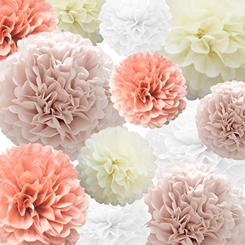 Seidenpapier Pompoms Papierblume 22 Stück Koralle, Altrosa, Elfenbein, Weiß Papierblumenball für Geburtstag Bachelorette Hochzeit Babyparty Brautparty Party Dekoration