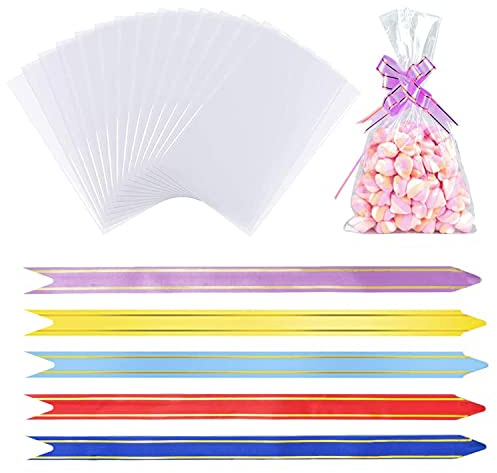 50 Pack Cellophane Bags, Food Cookie Bags Clear Cellophane Bags with 50 Pcs Mix Colors Pull Bows for Gifts, Packaging, Wrapping Sweets Bag, Clear Gift Bags (6 x 10 Inches)