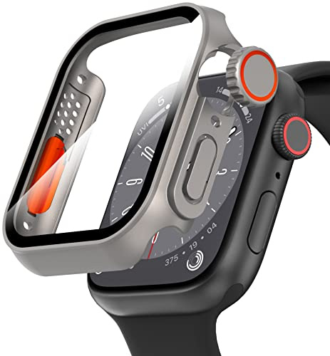 Diruite Panzerfoil Skyddsfodral för Apple Watch Series 6/5/4/SE 3/2/1 44mm | Mycket Detaljerad,Ultratunn Klockboett I PC-Material,FöRsedd Med En 9H Hd-HäRdad Glasfilm,ReptåLig,Titanstål(HD),44mm