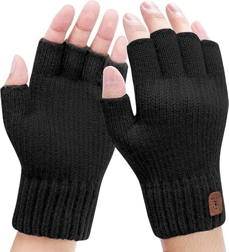 Riisoyu Guantes Cálidos sin Dedos, Guantes de Medio Dedo con Forro Suave Elástico Hombre y Mujer InviernoTejidos Cálido Pantalla táctil Guantes para Running Ciclismo Conducir